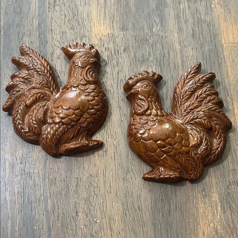 VINTAGE CHALKWARE Brown Chicken/ Rooster Wall Decor Set kitchen decor
